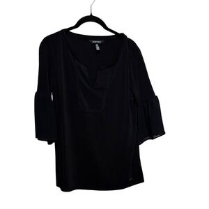 Ellen Tracy Womens Black Split Neck Bell Sleeve Blouse Top Small‎